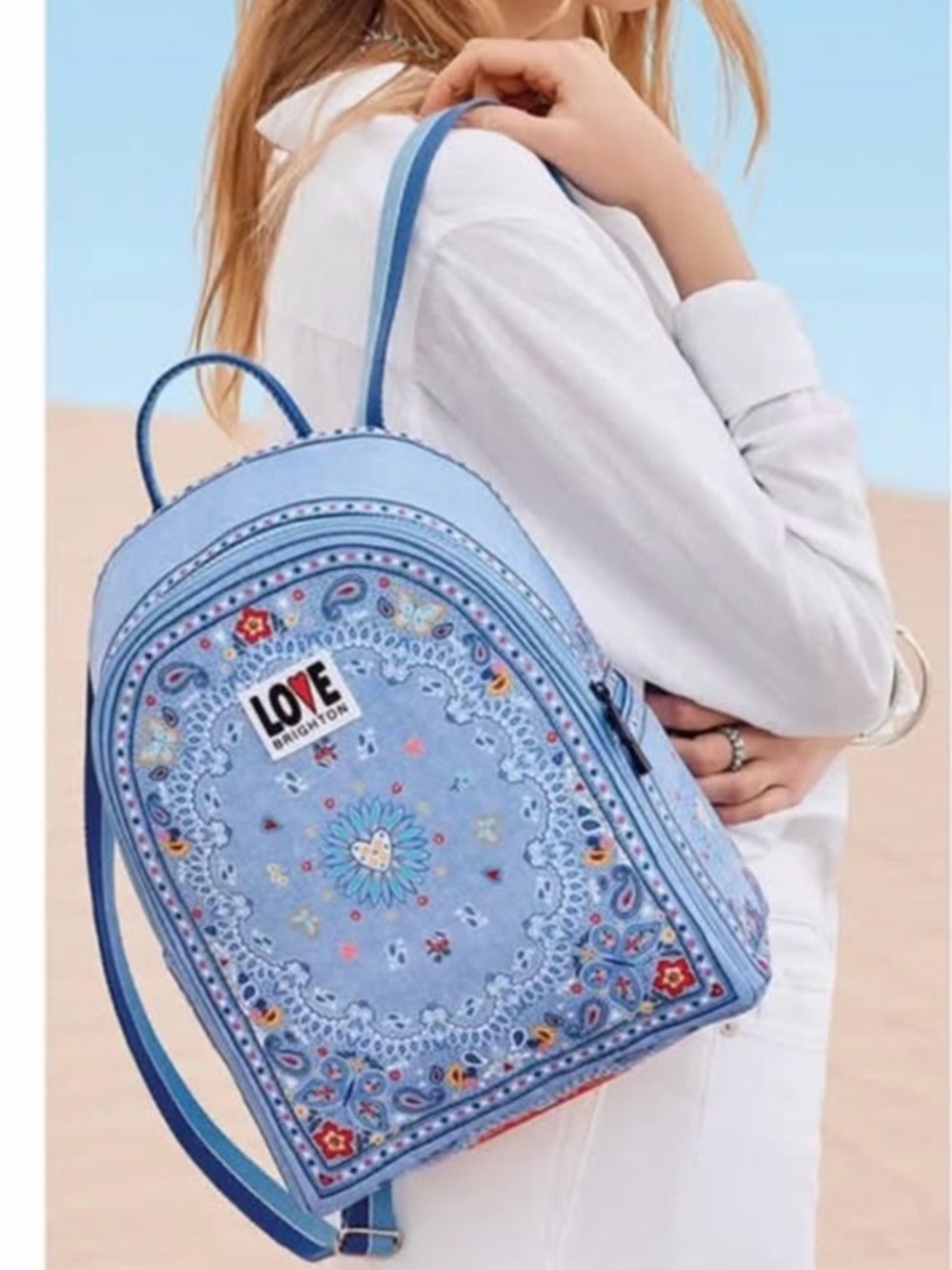 Brighton bandana love Backpack blue Muti adjustable with side pockets zipper NEW